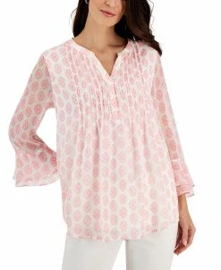 Charter Club Women's Medallion-Print Pintuck Top, Created For Macy's