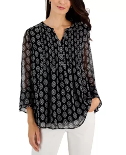 Charter Club Women's Medallion-Print Pintuck Top, Created For Macy's -VINCE CAMUTO Shop 22354042 fpx