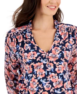 Charter Club Women's Floral Split-Neck Top, Created For Macy's 6 Charter Club Women's Floral Split-Neck Top, Created For Macy's -VINCE CAMUTO Shop 22354191 fpx