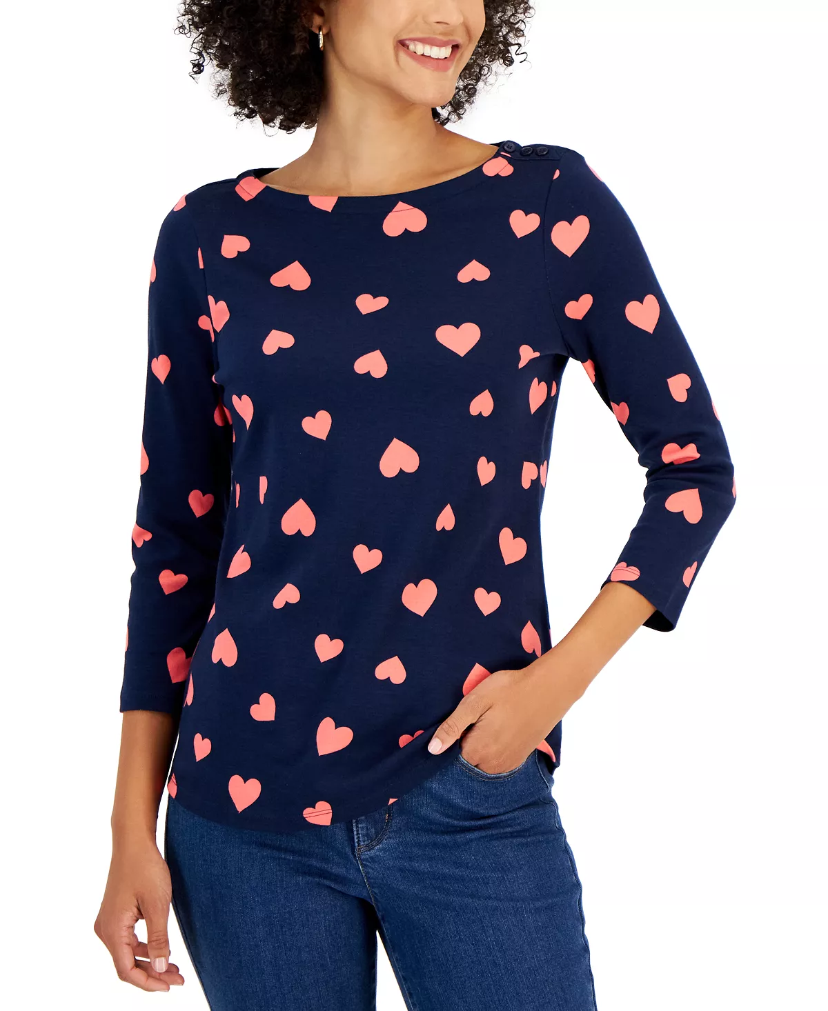 Charter Club Women's Cotton Heart Boat-Neck Top, Created For Macy's 1 Charter Club Women's Cotton Heart Boat-Neck Top, Created For Macy's
