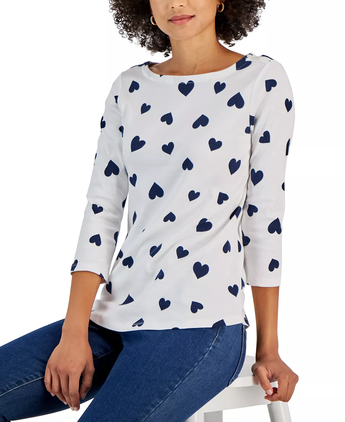 Charter Club Women's Cotton Heart Boat-Neck Top, Created For Macy's 2 Charter Club Women's Cotton Heart Boat-Neck Top, Created For Macy's - Image 2