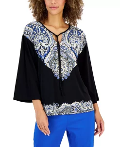 JM Collection Women's Printed Tie-Neck Top, Created For Macy's