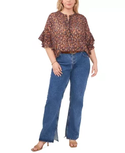 Vince Camuto Plus Size Printed Split-Neck Ruffle-Sleeve Blouse -VINCE CAMUTO Shop 22371038 fpx