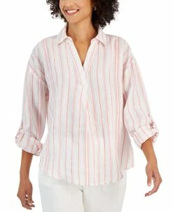 Charter Club Women's Linen Metallic-Stripe Top, Created For Macy's