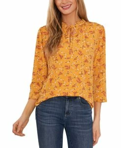 CeCe Women's Three-Quarter Sleeve Ruched Tie-Neck Top