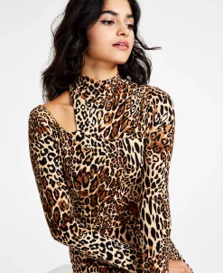 Bar III Women's Animal-Print Mock-Neck Long-Sleeve Crop Top, Created For Macy's -VINCE CAMUTO Shop 22555213 fpx