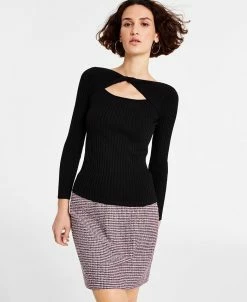Bar III Women's Ribbed Twist-Front Cutout Long-Sleeve Sweater, Created For Macy's