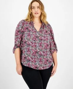 Bar III Plus Size 3/4-Sleeve Ditsy Floral Print Top, Created For Macy's