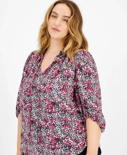 Bar III Plus Size 3/4-Sleeve Ditsy Floral Print Top, Created For Macy's -VINCE CAMUTO Shop 22564290 fpx
