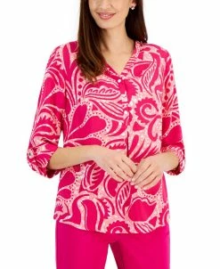 JM Collection Women's Swirl-Print Split-Neck Woven Top, Created For Macy's