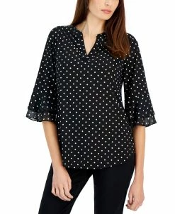 Kasper Women's Split-Neck Polka-Dot Flutter Sleeve Top