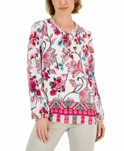 JM Collection Women's Traveling Ornament Printed Lattice-Neck Top, Created For Macy's
