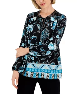 JM Collection Women's Traveling Ornament Printed Lattice-Neck Top, Created For Macy's