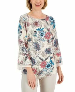 JM Collection Women's Etched Batik Printed Flared-Sleeve Top, Created For Macy's