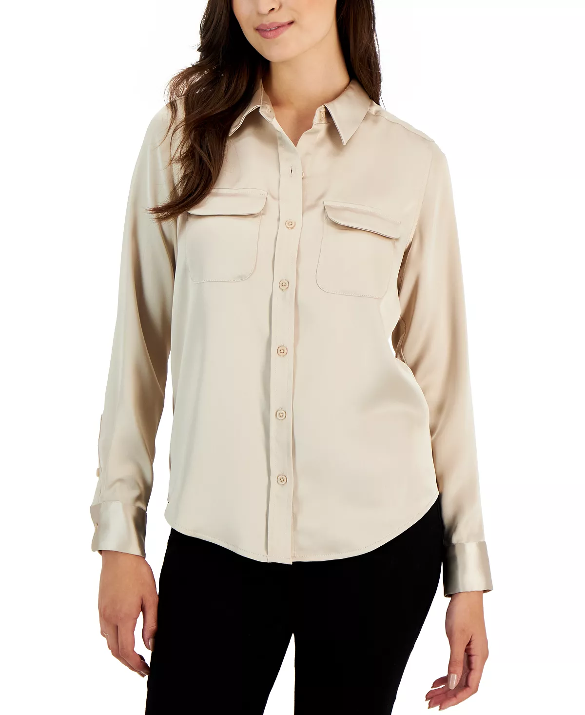 Alfani Women's Satin Collared Utility Blouse, Created For Macy's 1 Alfani Women's Satin Collared Utility Blouse, Created For Macy's