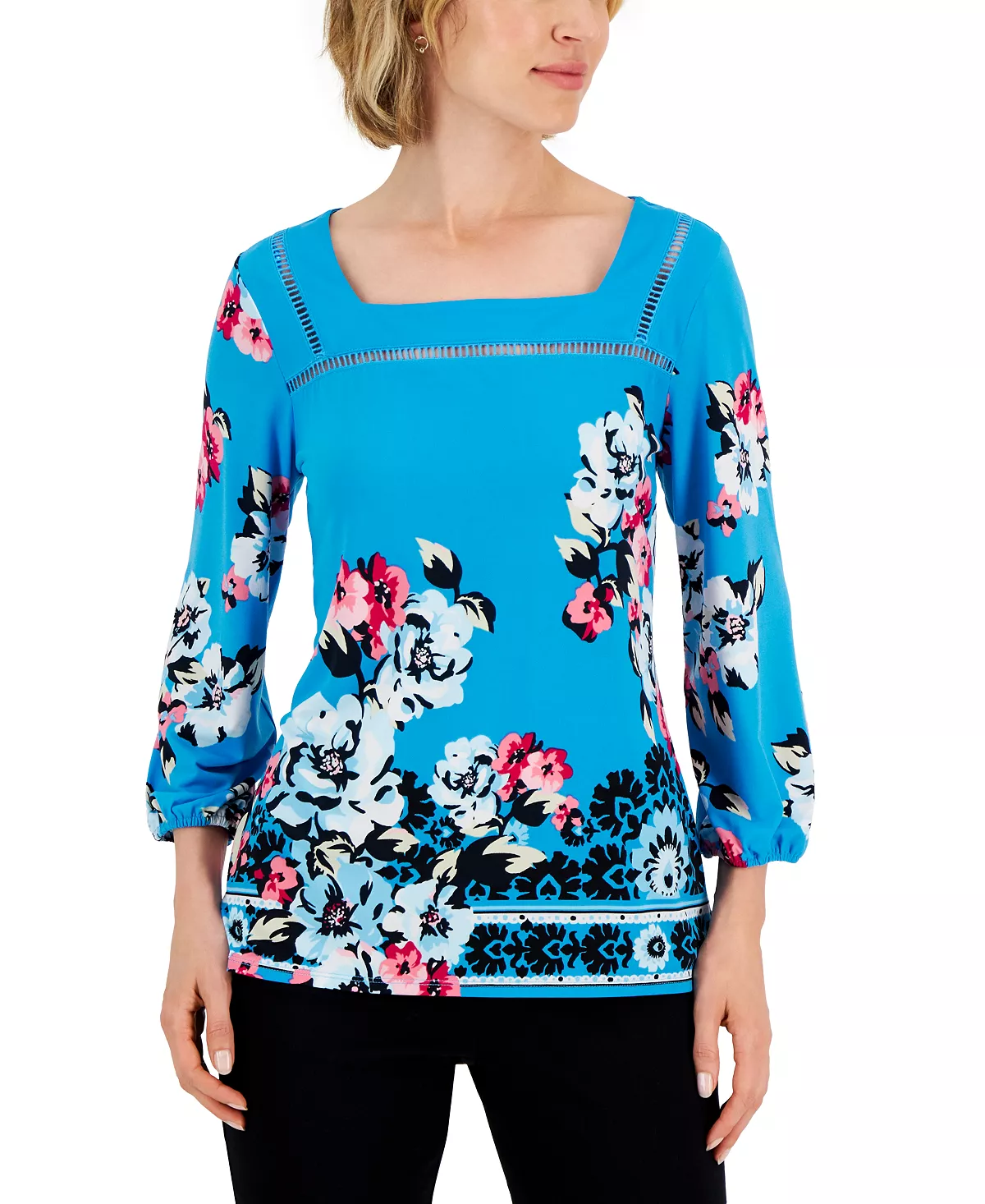 JM Collection Women's Floral Folkdance Square-Neck Top, Created For Macy's 4 JM Collection Women's Floral Folkdance Square-Neck Top, Created For Macy's - Image 4