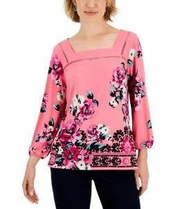 JM Collection Women's Floral Folkdance Square-Neck Top, Created For Macy's