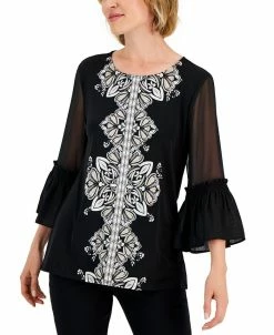 JM Collection Women's Medallion Trail Sheer-Sleeve Tunic, Created For Macy's