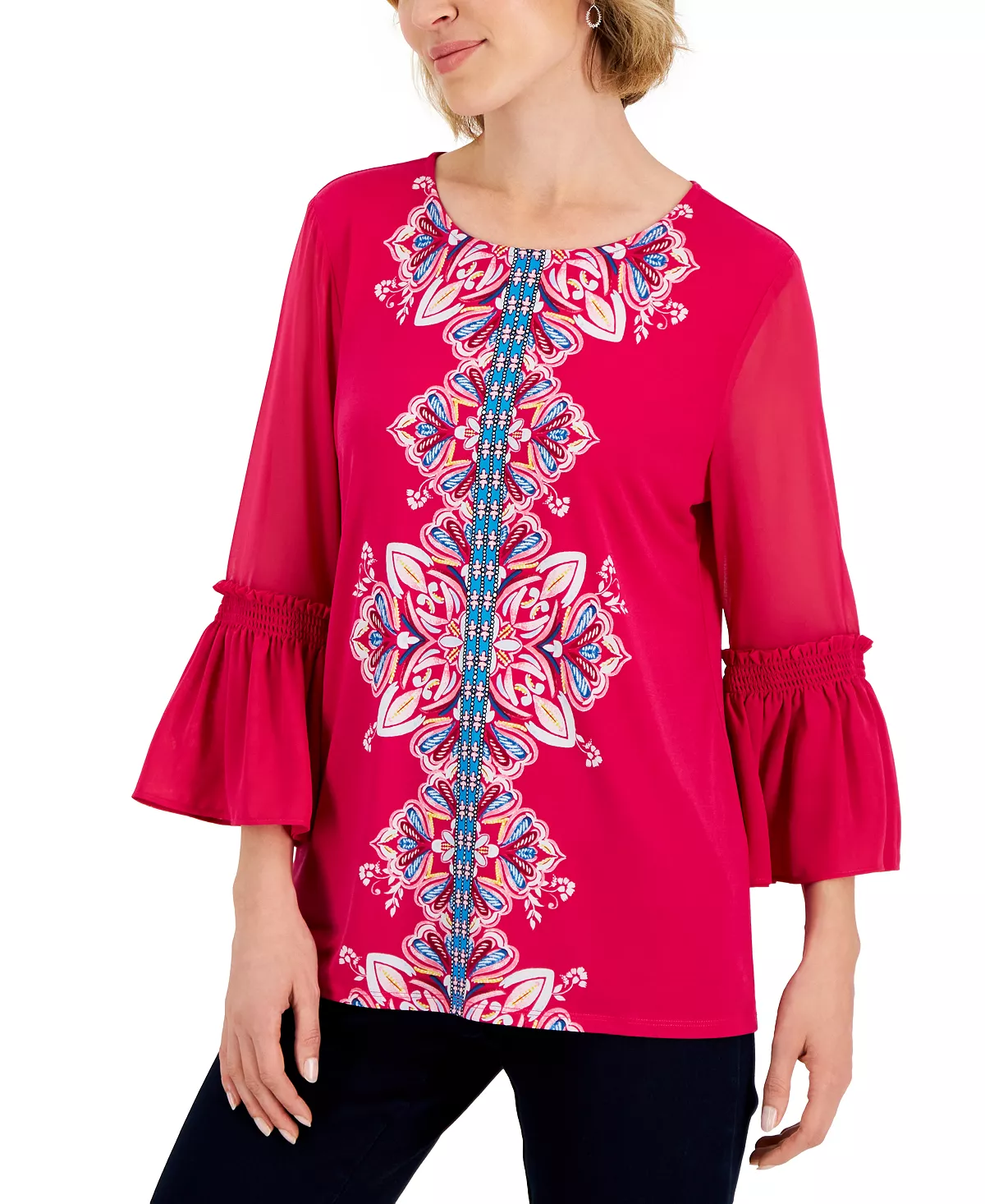 JM Collection Women's Medallion Trail Sheer-Sleeve Tunic, Created For Macy's 5 JM Collection Women's Medallion Trail Sheer-Sleeve Tunic, Created For Macy's - Image 5