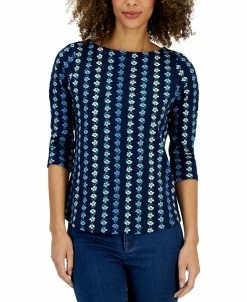 Charter Club Women's Floral Boat-Neck 3/4-Sleeve Top, Created For Macy's