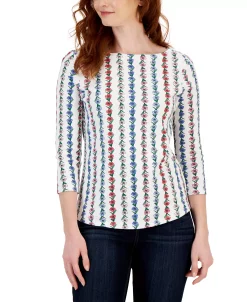 Charter Club Women's Floral Boat-Neck 3/4-Sleeve Top, Created For Macy's -VINCE CAMUTO Shop 22722816 fpx