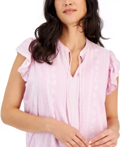 Style & Co Women's Printed Woven Flutter-Sleeve Tie-Neck Top, Created For Macy's -VINCE CAMUTO Shop 22737852 fpx