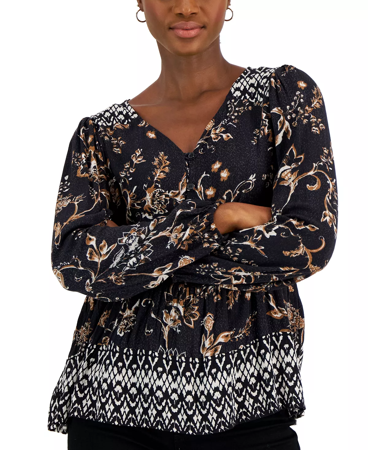 Style & Co Women's Printed V-Neck Peasant Top, Created For Macy's 3 Style & Co Women's Printed V-Neck Peasant Top, Created For Macy's - Image 3