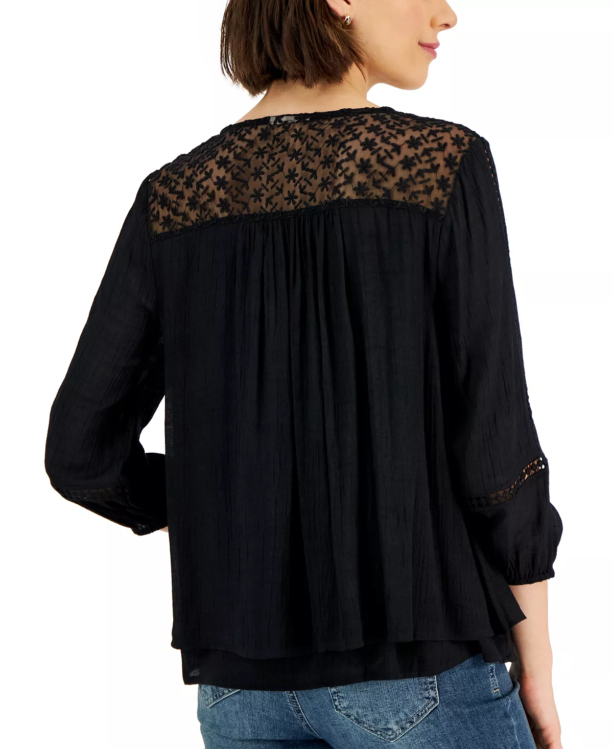 Style & Co Women's 3/4-Sleeve Embroidered Lace Top, Created For Macy's 2 Style & Co Women's 3/4-Sleeve Embroidered Lace Top, Created For Macy's - Image 2