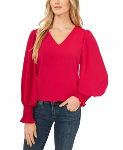 CeCe Women's Solid Smocked-Cuff V-Neck Charmeuse Blouse -VINCE CAMUTO Shop 22780313 fpx