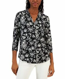 Charter Club Women's Toile-Print 3/4-Sleeve Top, Created For Macy's