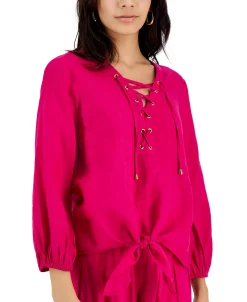 INC International Concepts Women's Lace-Up Tie-Hem Linen Blouse, Created For Macy's -VINCE CAMUTO Shop 22782963 fpx