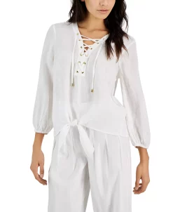INC International Concepts Women's Lace-Up Tie-Hem Linen Blouse, Created For Macy's -VINCE CAMUTO Shop 22782965 fpx