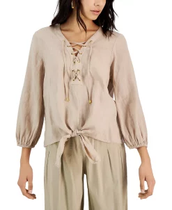 INC International Concepts Women's Lace-Up Tie-Hem Linen Blouse, Created For Macy's -VINCE CAMUTO Shop 22782969 fpx