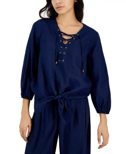 INC International Concepts Women's Lace-Up Tie-Hem Linen Blouse, Created For Macy's -VINCE CAMUTO Shop 22782973 fpx