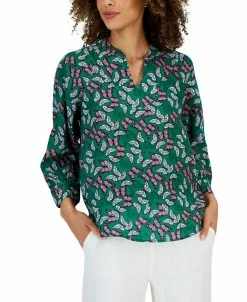 Charter Club Women's Linen Printed Split-Neck Top, Created For Macy's