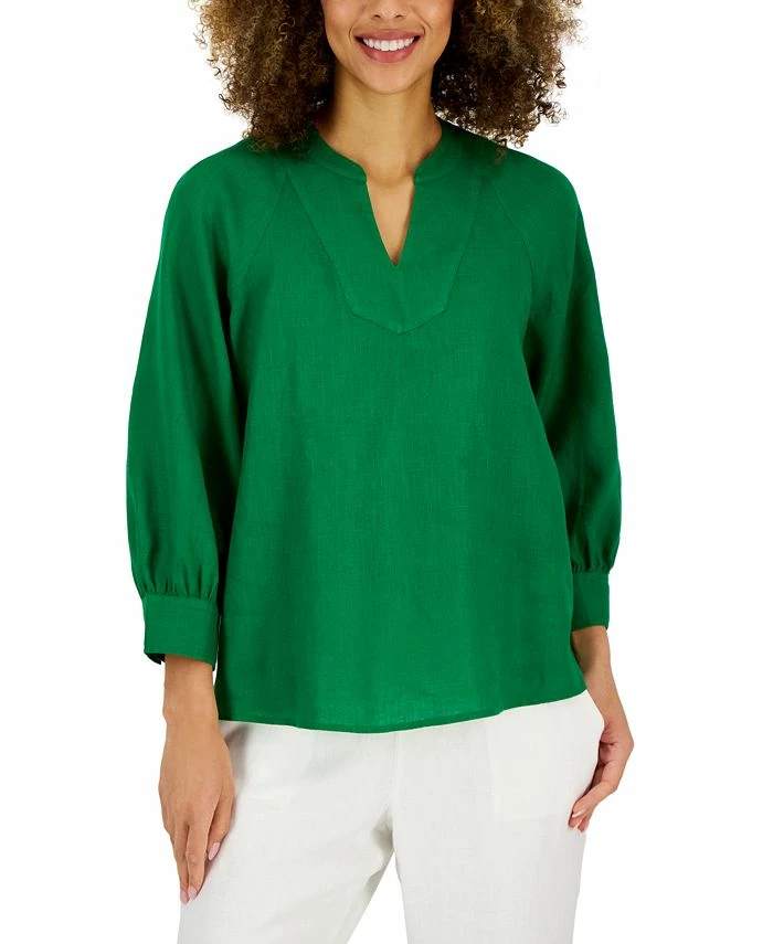 Charter Club Women's Linen Split-Neck Top, Created For Macy's 1 Charter Club Women's Linen Split-Neck Top, Created For Macy's