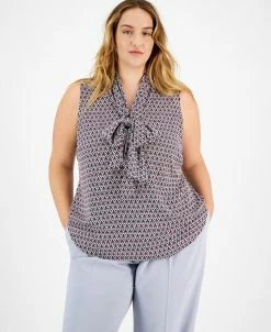 Bar III Plus Size Geo Print Sleeveless Bow-Tie Blouse