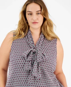 Bar III Plus Size Geo Print Sleeveless Bow-Tie Blouse -VINCE CAMUTO Shop 22803318 fpx