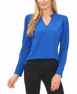 CeCe Women's Solid Puff-Sleeve Split-Neck Top