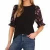 CeCe Women's Mixed-Media Puff-Sleeve Round-Neck Top