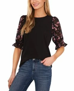 CeCe Women's Mixed-Media Puff-Sleeve Round-Neck Top