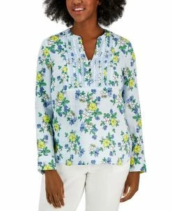Charter Club Women's Linen Printed Split-Neck Tunic, Created For Macy's