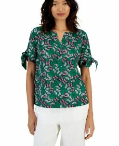 Charter Club Women's Linen Butterfly-Print Tie-Sleeve Top, Created For Macy's