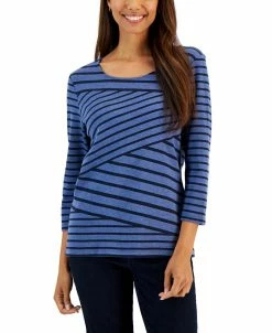 Karen Scott Women's Callie Asymmetrical-Stripe 3/4-Sleeve Top, Created For Macy's