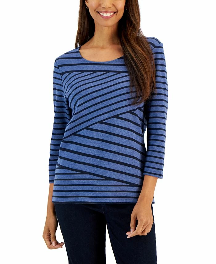 Karen Scott Women's Callie Asymmetrical-Stripe 3/4-Sleeve Top, Created For Macy's 1 Karen Scott Women's Callie Asymmetrical-Stripe 3/4-Sleeve Top, Created For Macy's