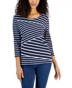Karen Scott Women's Callie Asymmetrical-Stripe 3/4-Sleeve Top, Created For Macy's 15 Karen Scott Women's Callie Asymmetrical-Stripe 3/4-Sleeve Top, Created For Macy's -VINCE CAMUTO Shop 22884301 fpx