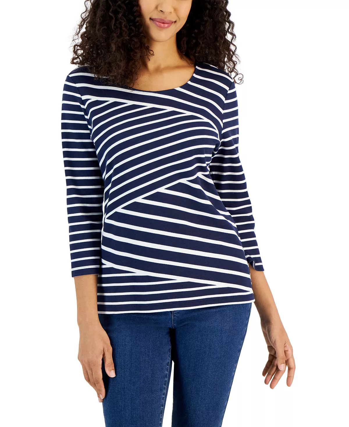 Karen Scott Women's Callie Asymmetrical-Stripe 3/4-Sleeve Top, Created For Macy's 7 Karen Scott Women's Callie Asymmetrical-Stripe 3/4-Sleeve Top, Created For Macy's - Image 7