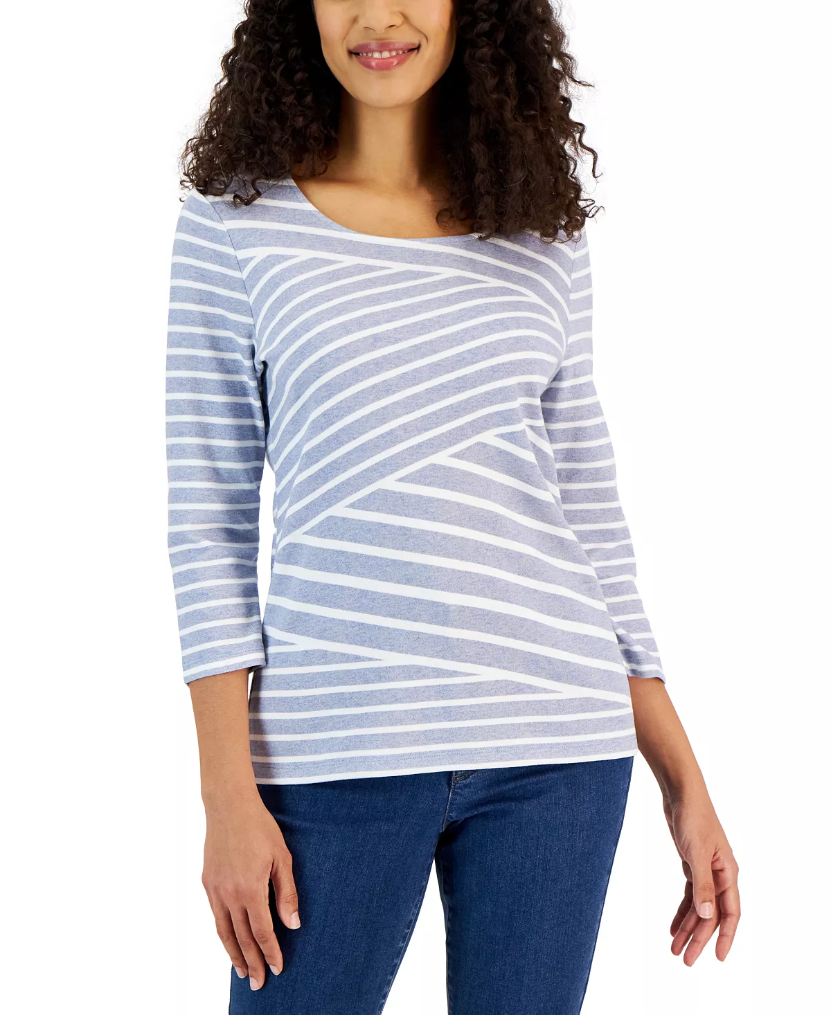 Karen Scott Women's Callie Asymmetrical-Stripe 3/4-Sleeve Top, Created For Macy's 8 Karen Scott Women's Callie Asymmetrical-Stripe 3/4-Sleeve Top, Created For Macy's - Image 8