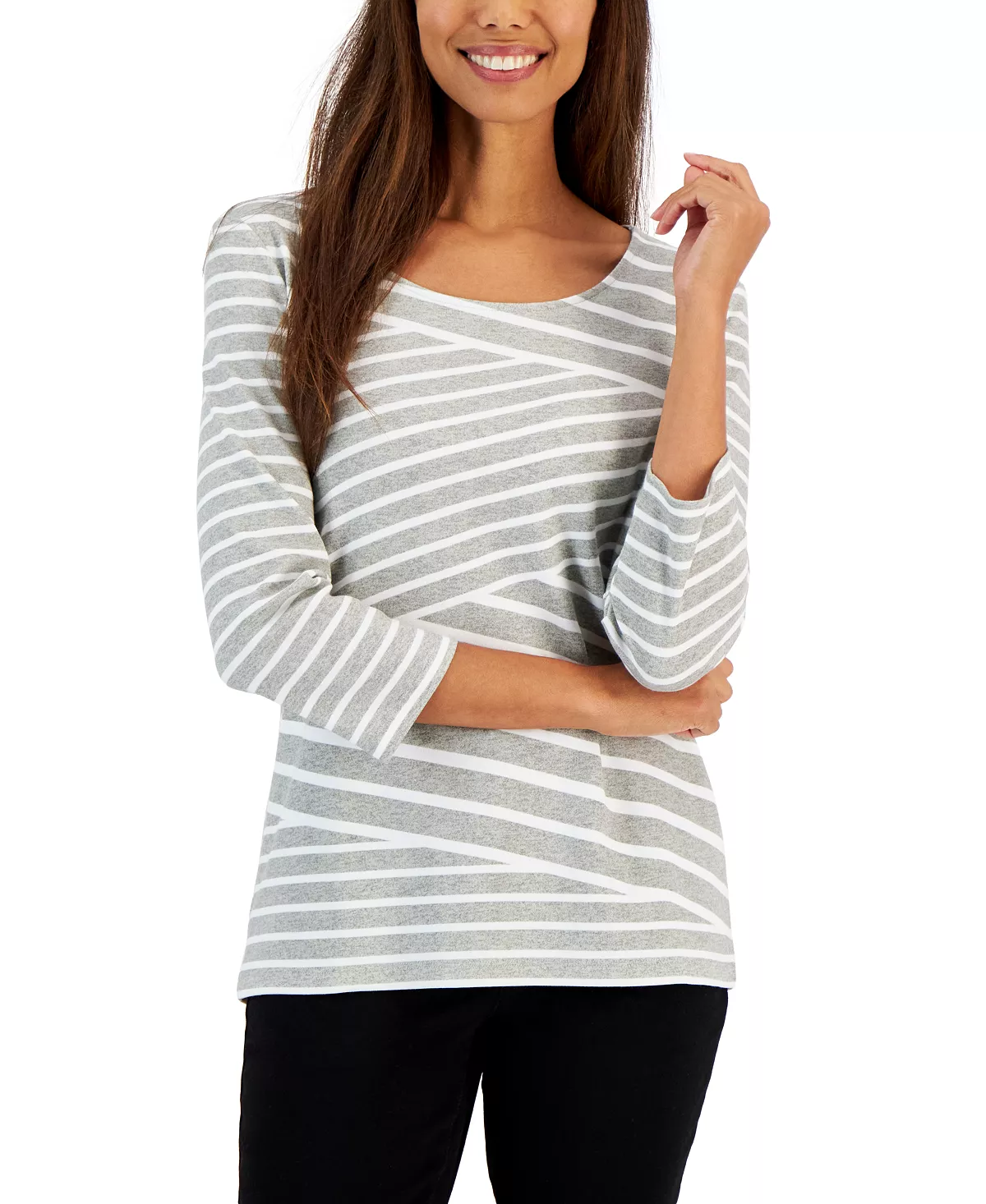 Karen Scott Women's Callie Asymmetrical-Stripe 3/4-Sleeve Top, Created For Macy's 6 Karen Scott Women's Callie Asymmetrical-Stripe 3/4-Sleeve Top, Created For Macy's - Image 6