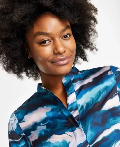 Anne Klein Women's Band-Collar Marble-Print Satin Tunic -VINCE CAMUTO Shop 22907567 fpx